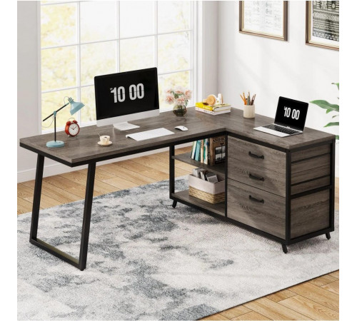 Стіл L-подібний із 3 шухлядами та полицями — 135×50×75 см