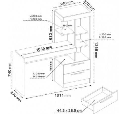 Стол письменный с библиотекой – 131×37×137 см.