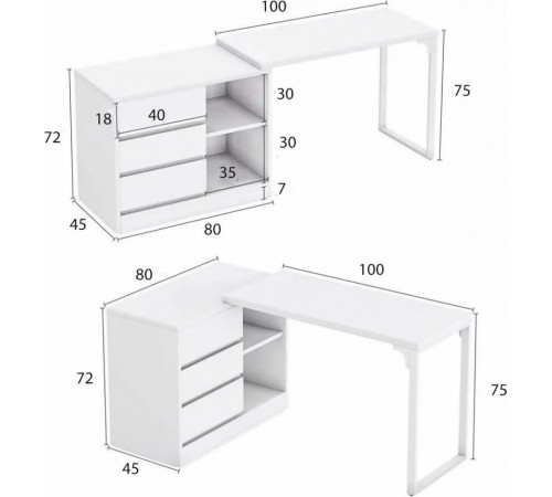 Стол с ящиком и полками (L-форма) – 180×45×75 см