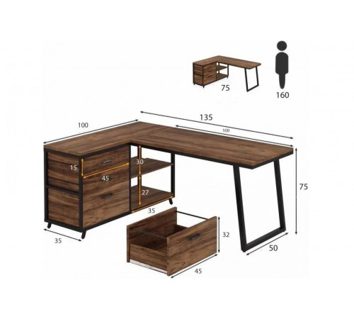 Стол L-образный с 3 ящиками и полками – 135×50×75 см.