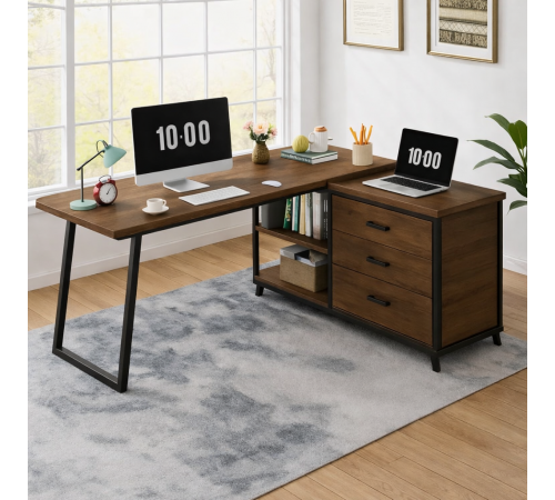 Стол L-образный с 3 ящиками и полками – 135×50×75 см.