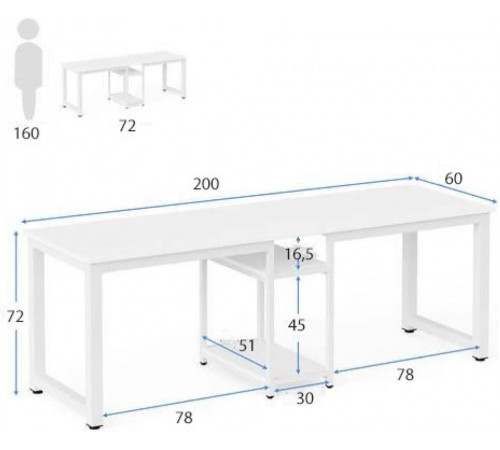 Стол двухместный с полками – 200×60×72 см.