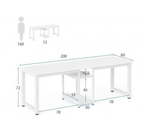 Стол двухместный с полками – 200×60×72 см.
