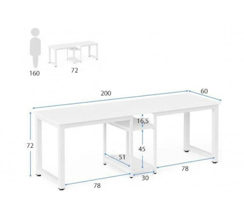 Стол двухместный с полками – 200×60×72 см.