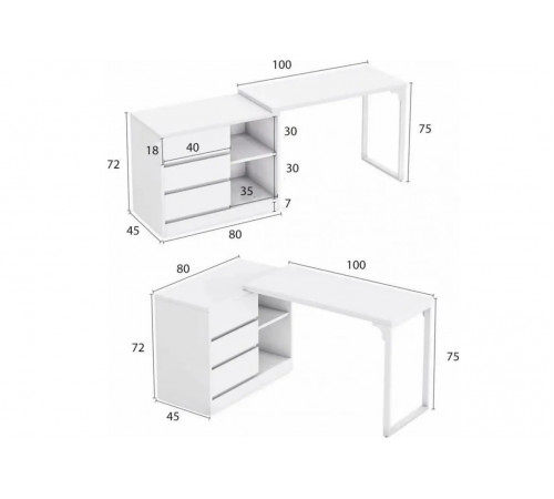 Стол с ящиком и полками (L-форма) – 180×45×75 см