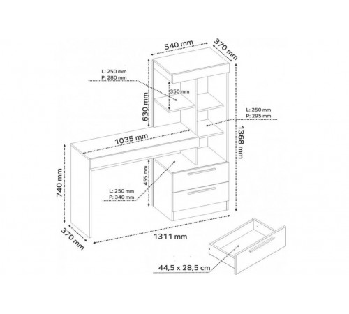 Стол письменный с библиотекой – 131×37×137 см.