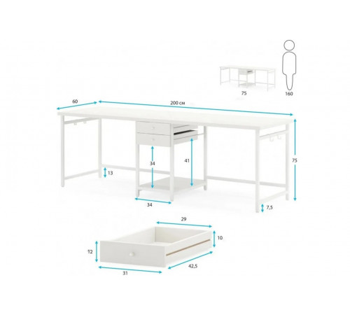 Стол двойной с ящиками – 200×60×75 см.