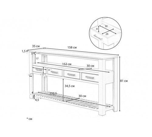 Современный консольный стол с 4 ящиками и 2 полками – темно-синий