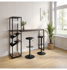 Современный металлический барный стол с местом хранения бутылок и бокалов.