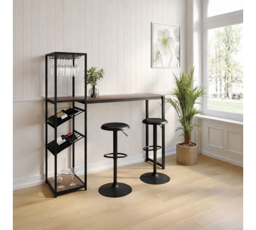 Современный барный стол с местом для хранения бутылок и бокалов.