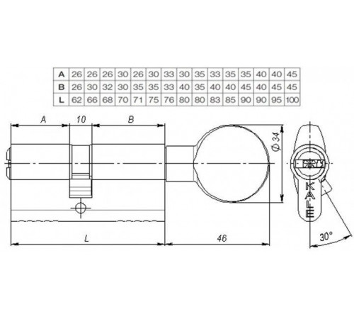 Цилиндр Kale 164SMC 35+10+55=100mm, никель, 5 ключей, с вертушкой на длинной стороне