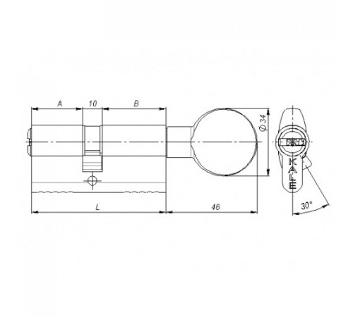 Цилиндр Kale BM 26х10х32=68, латунь, с вертушкой на короткой стороне