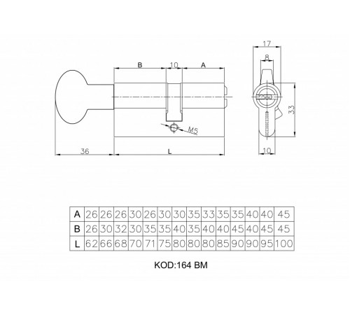 Цилиндр Kale BМ 26х10х32=68мм, никель с вертушкой на длинной стороне