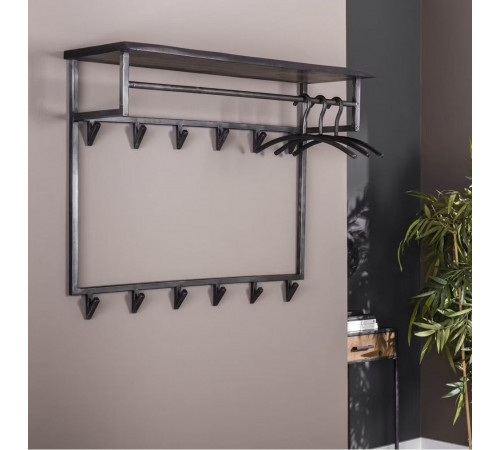 Черная настенная вешалка для одежды с 12 крючками и 1 полкой