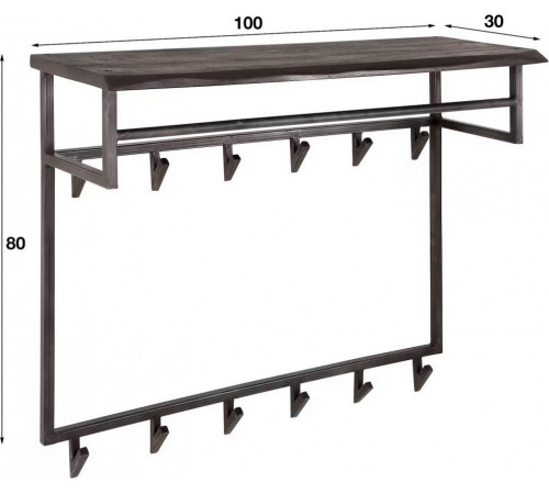 Черная настенная вешалка для одежды с 12 крючками и 1 полкой