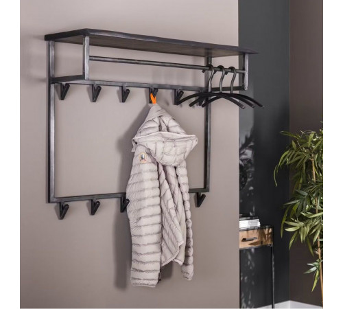 Черная настенная вешалка для одежды с 12 крючками и 1 полкой